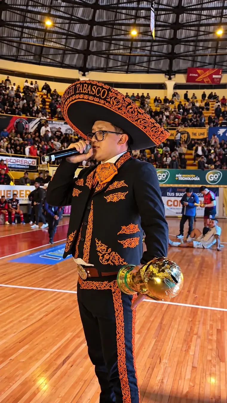 Integrante de Mariachi Tabasco cantando con el trofeo en la cancha del Mundialito de los Pobres